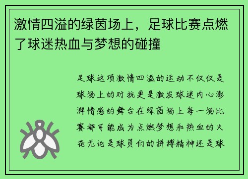 激情四溢的绿茵场上，足球比赛点燃了球迷热血与梦想的碰撞