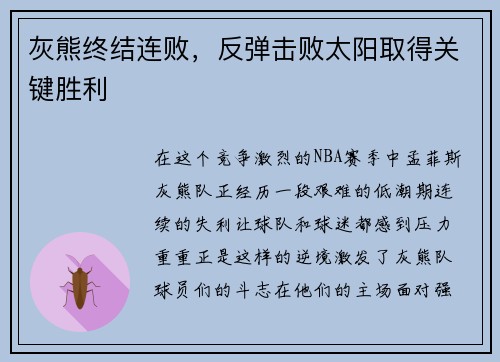 灰熊终结连败，反弹击败太阳取得关键胜利