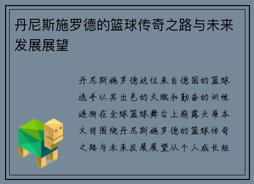 丹尼斯施罗德的篮球传奇之路与未来发展展望