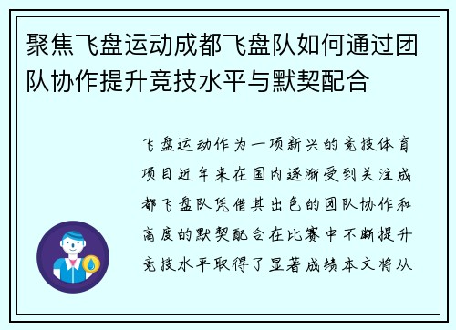 聚焦飞盘运动成都飞盘队如何通过团队协作提升竞技水平与默契配合