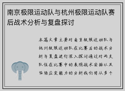 南京极限运动队与杭州极限运动队赛后战术分析与复盘探讨
